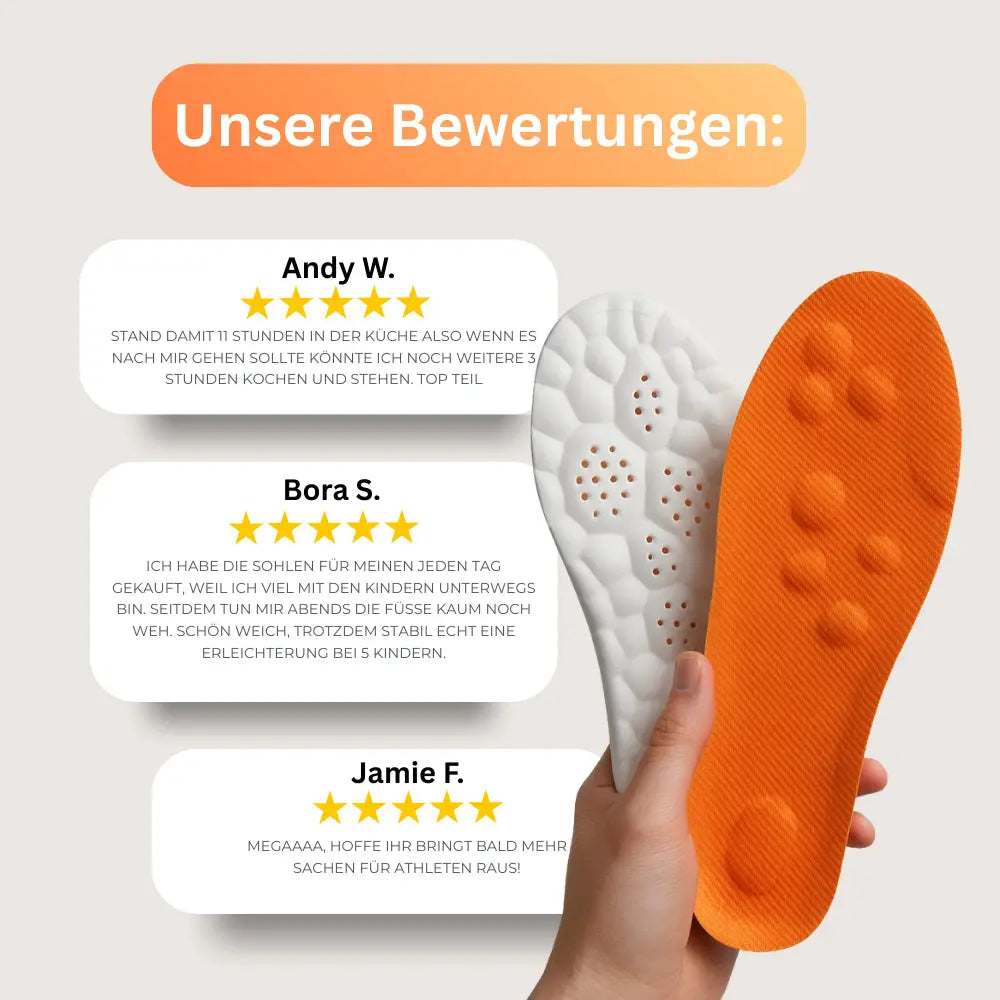 Hand hält orange BOOST Einlegesohle, daneben Kundenbewertungen mit 5 Sternen.