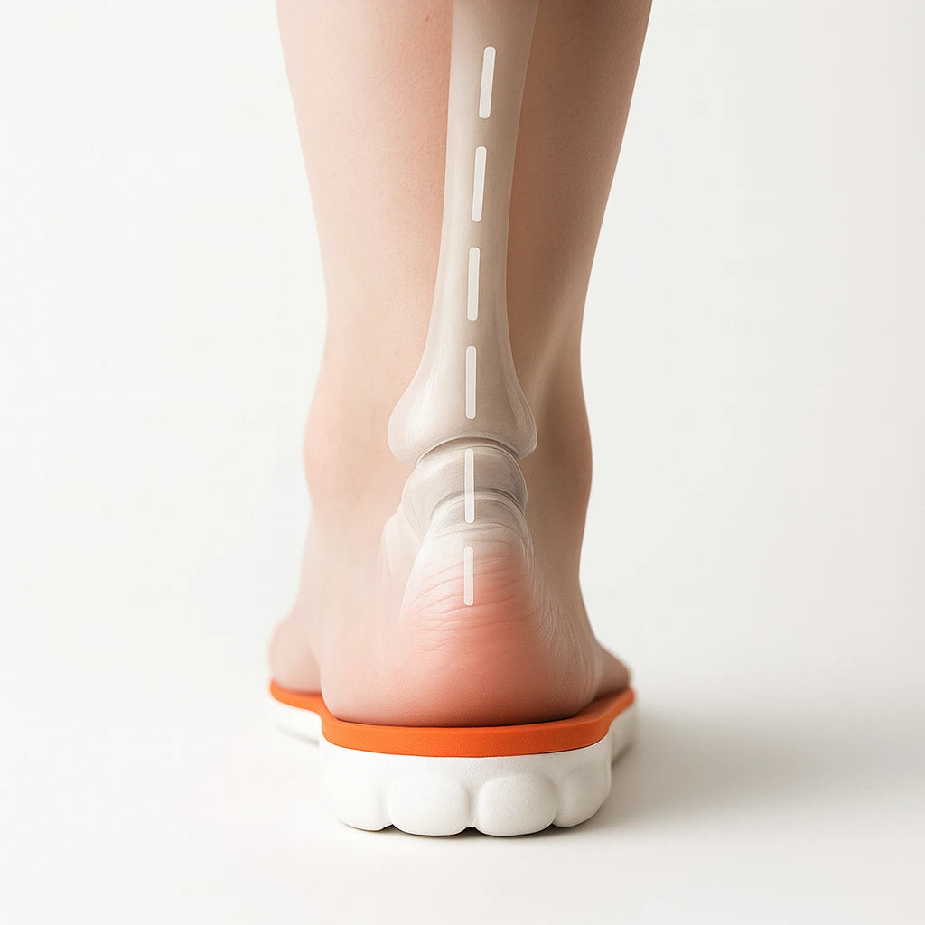 Fuß mit oranger BOOST Einlegesohle, gerade ausgerichtete Knochenlinie für optimale Haltung