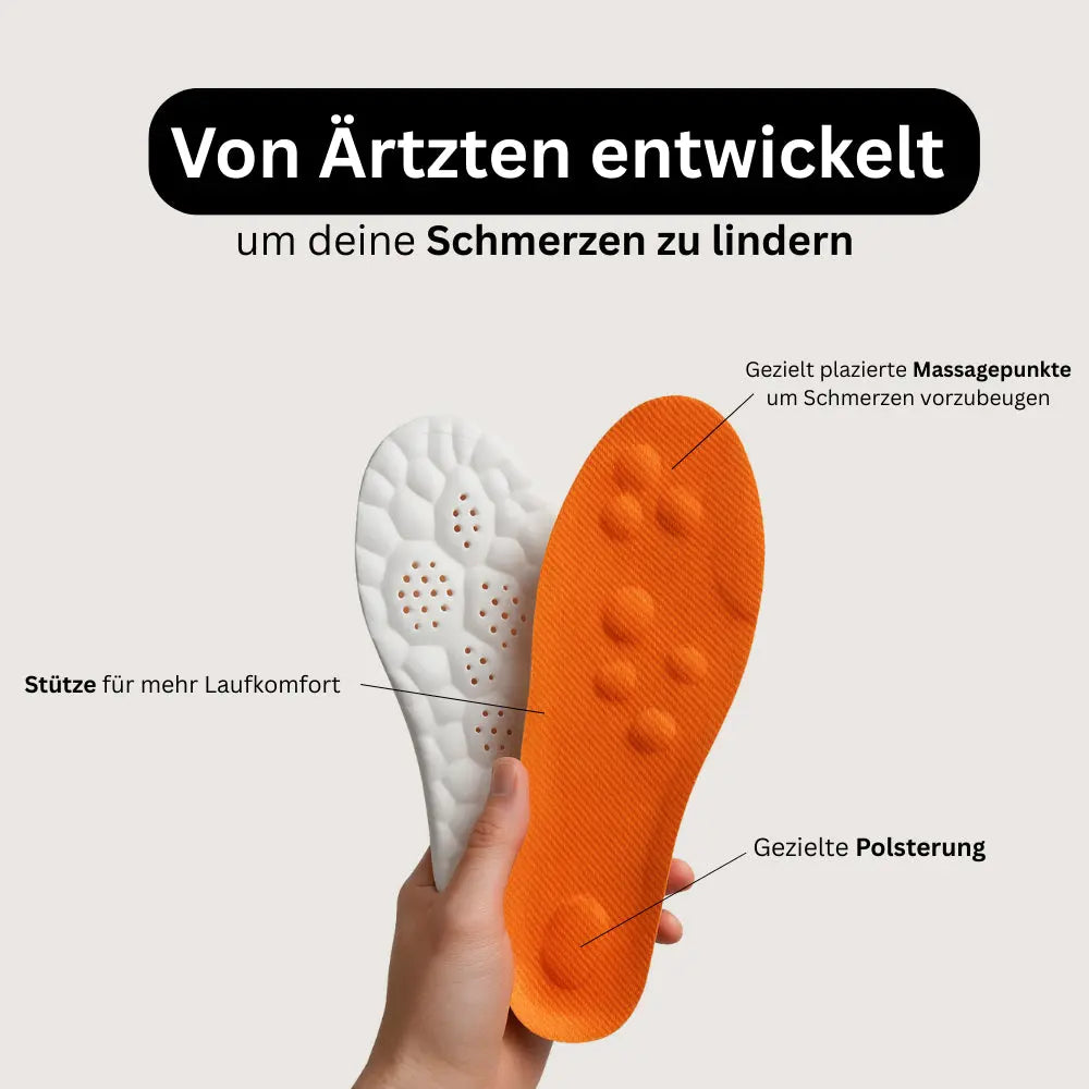 Hand hält orange und weiße Einlegesohle, Beschriftung zeigt Massagepunkte, Polsterung und Stütze